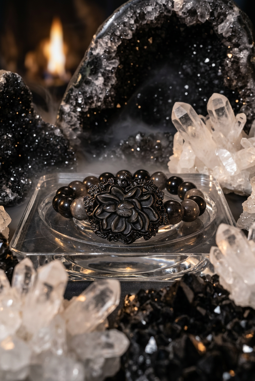 銀曜花手串｜9mm・16cm | Silver Obsidian Flower Bracelet