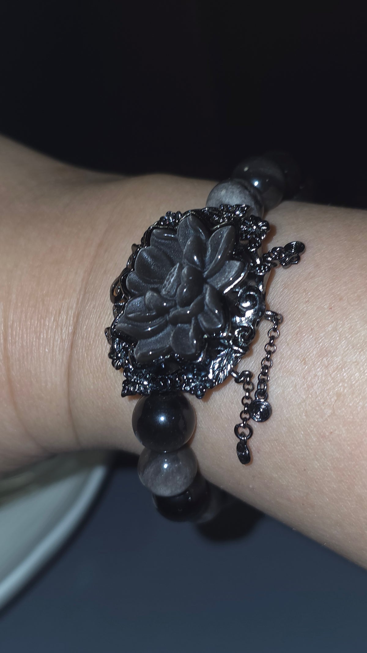 銀曜花手串｜9mm・16cm | Silver Obsidian Flower Bracelet
