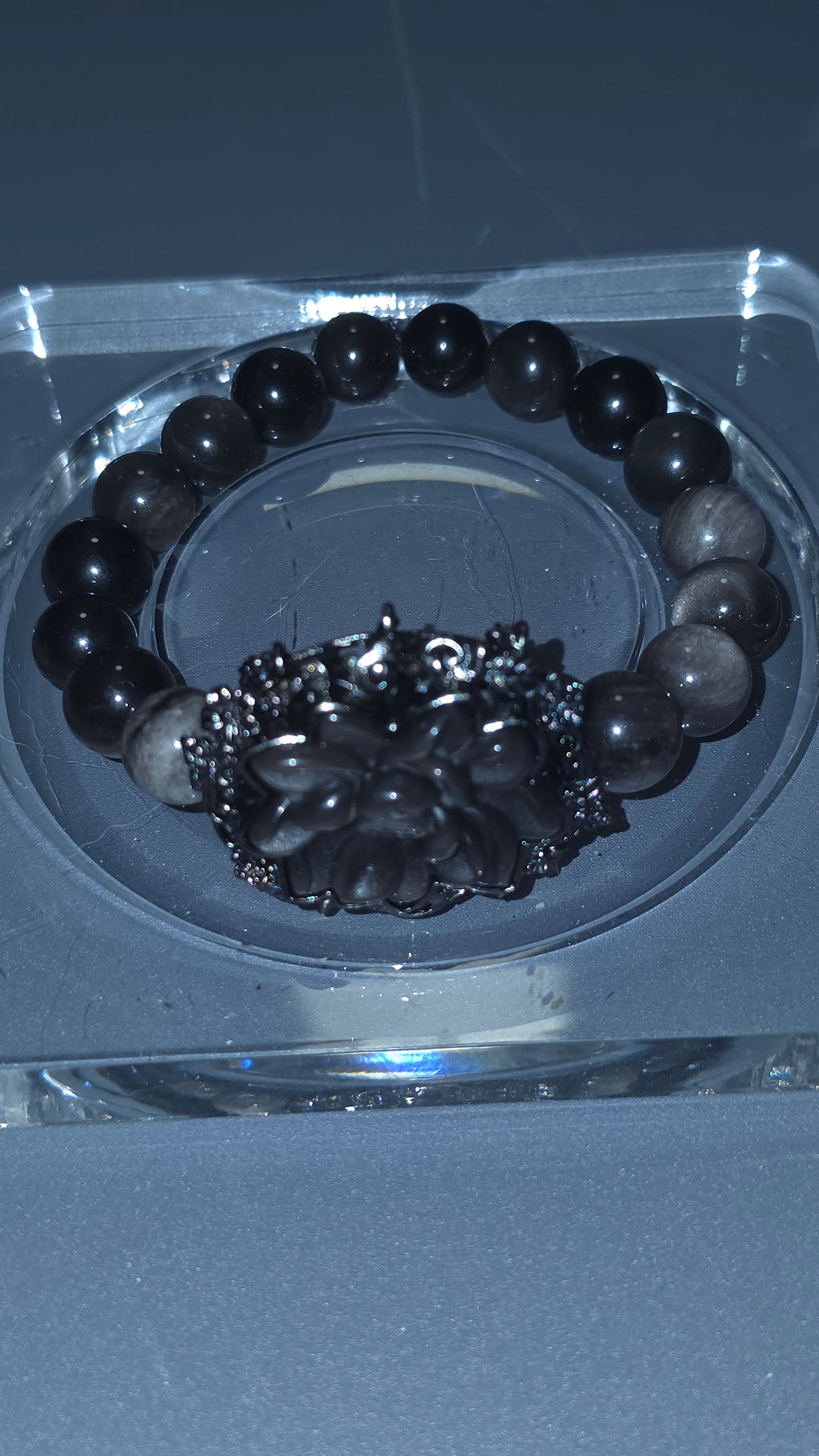 銀曜花手串｜9mm・16cm | Silver Obsidian Flower Bracelet