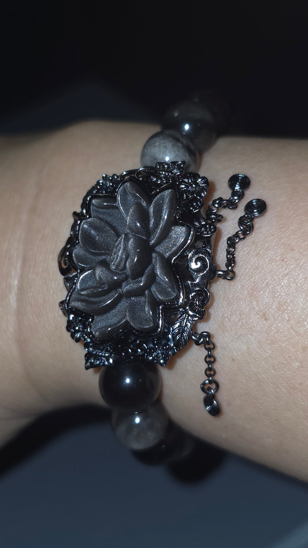 銀曜花手串｜9mm・16cm | Silver Obsidian Flower Bracelet