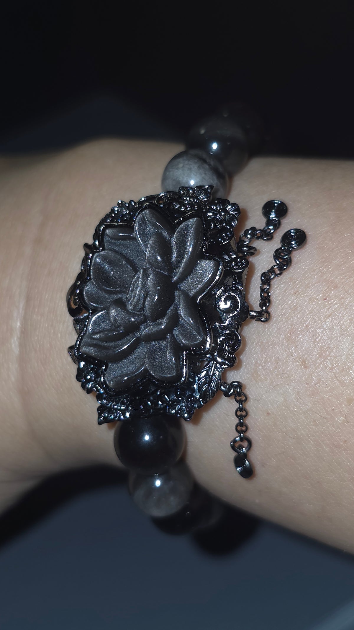 銀曜花手串｜9mm・16cm | Silver Obsidian Flower Bracelet
