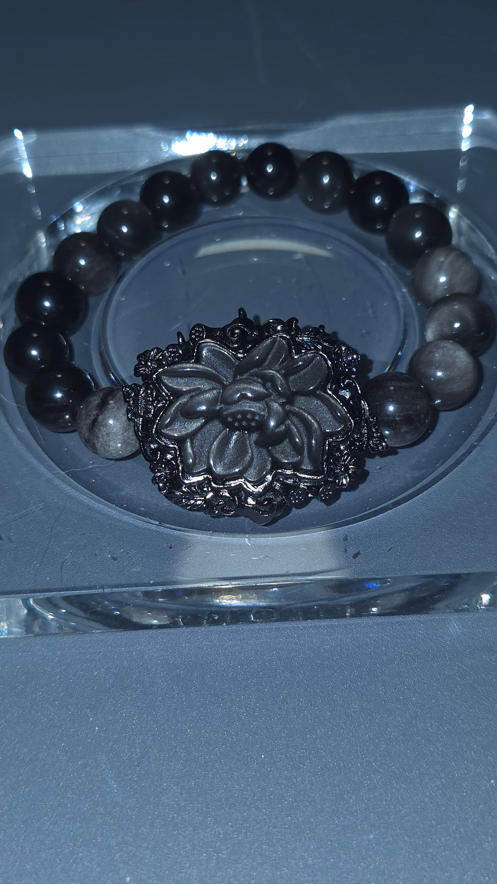 銀曜花手串｜9mm・16cm | Silver Obsidian Flower Bracelet