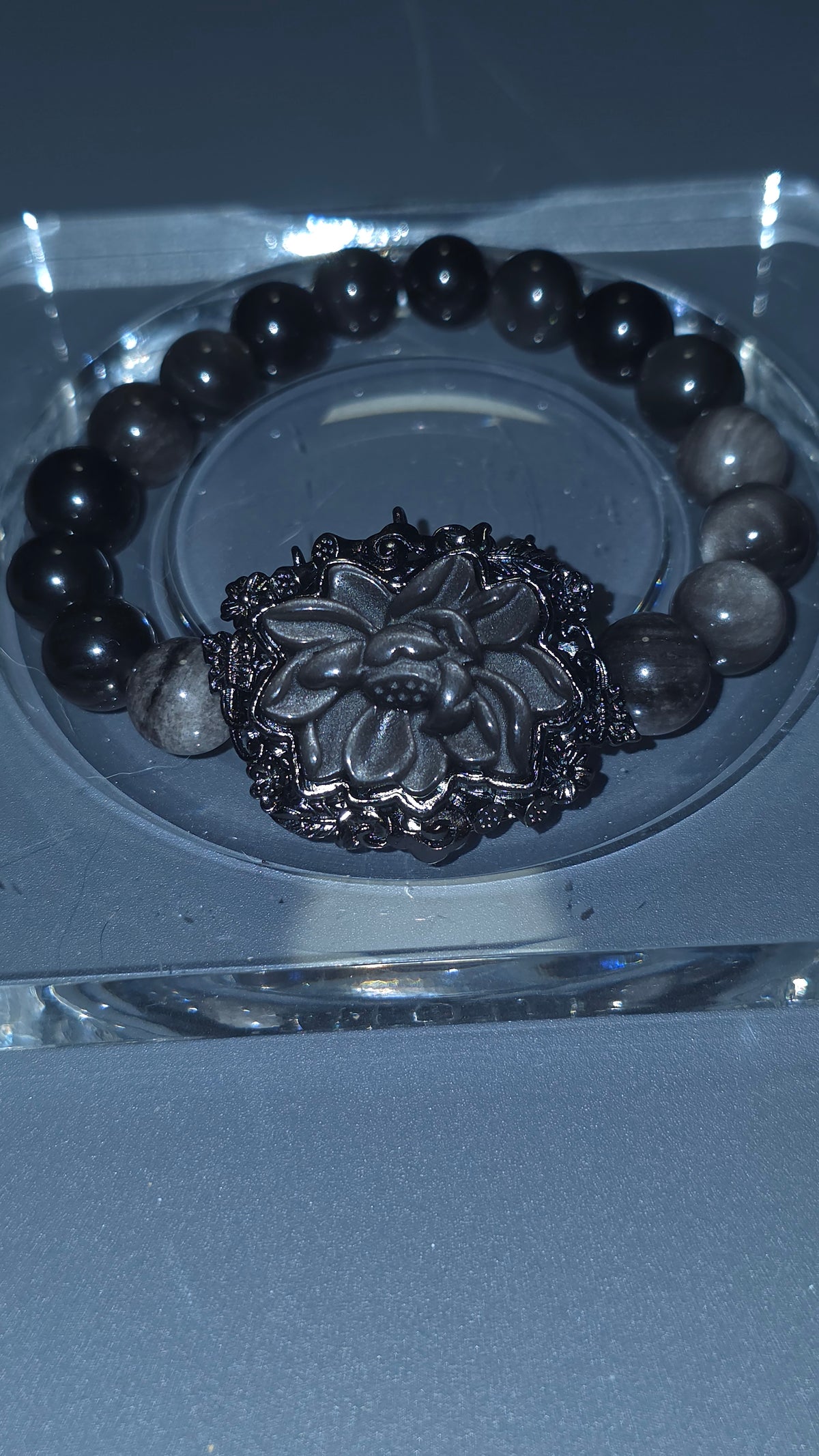 銀曜花手串｜9mm・16cm | Silver Obsidian Flower Bracelet