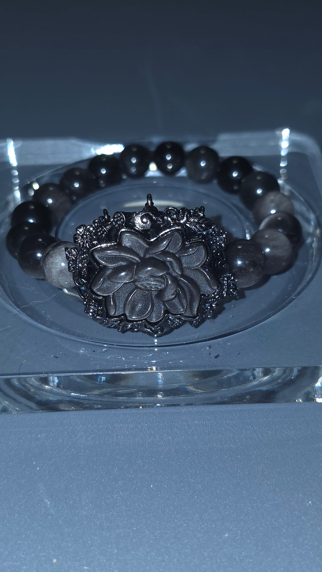 銀曜花手串｜9mm・16cm | Silver Obsidian Flower Bracelet