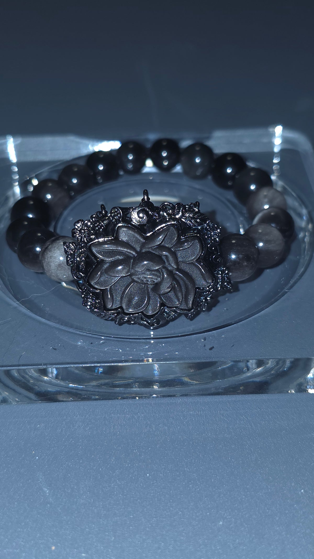 銀曜花手串｜9mm・16cm | Silver Obsidian Flower Bracelet